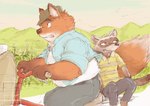 anthro belly bottomwear clothing duo hat headgear headwear humanoid_hands male pants shirt sitting slightly_chubby topwear takakei1 disney zootopia gideon_grey travis_(zootopia) black-footed_ferret canid canine fox mammal mustelid musteline red_fox true_fox true_musteline weasel 2019