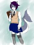 5_fingers anthro bottomwear clothed clothing dress_shirt female fin fingers furgonomics hair legwear looking_at_viewer necktie purple_eyes purple_hair school_uniform shirt short_hair simple_background skirt smile solo stockings sweater tail tail_through_skirt topwear uniform magnesium_toast nova_whitesail fish marine shark 2017 3:4 digital_media_(artwork) hi_res