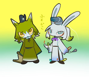 adapted_costume aegyo_sal alternate_species animal_ears anthro aqua_background asian_clothing black_clothing black_footwear black_hat black_headwear black_ribbon black_shoes blue_clothing blue_eyes blue_hat blue_headwear chibi clothed clothed_anthro clothed_female clothing collared_shirt colored_sclera colored_tips duo east_asian_clothing elemental_manipulation female female_anthro fire fire_manipulation footwear fur furrification gradient_background green_body green_clothing green_eyes green_fur green_hair green_kimono green_ribbon hair happy hat hat_ribbon headgear headwear holding_scroll japanese_clothing kariginu kemono kimono long_sleeves looking_at_viewer medium_hair mouth_closed multicolored_body multicolored_fur multicolored_hair neck_ribbon ofuda ponytail pupils purple_ribbon rabbit_ears red_ribbon ribbon-trimmed_sleeves ribbon_trim ribbons scroll shirt shoes short_hair short_ponytail simple_background sleeves_past_fingers sleeves_past_wrists slit_pupils smile snout standing talisman tate_eboshi text topwear two_tone_body two_tone_fur two_tone_hair white_background white_body white_clothing white_fur white_hair white_kimono white_shirt white_topwear wide_sleeves yellow_background yellow_sclera perro090119 touhou mononobe_no_futo soga_no_tojiko felid feline lagomorph mammal 2025 japanese_text