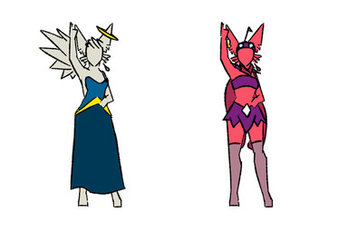 antennae_(anatomy) anthro blue_clothing blue_dress clothed clothing dress duo feathered_wings feathers female halo legwear plumtific purple_clothing red_body simple_background thigh_highs white_background white_eyes wings isi_avalibot humanoid animated