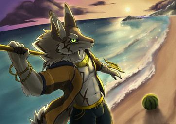 anthro black_sclera bottomwear brown_body brown_fur clothing food fruit fur gold_(metal) gold_jewelry green_eyes holding_melee_weapon holding_object holding_weapon jewelry looking_at_viewer male melee_weapon melon multicolored_body multicolored_fur navel pants plant sand sea solo striped_body striped_fur stripes sunset topwear water watermelon weapon white_body white_fur kesu_kamereon lifewonders tokyo_afterschool_summoners seth_(tas) canid canine canis jackal mammal 2024 absurd_res hi_res
