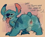 anthro anus balls blue_body blue_fur blue_nose bodily_fluids butt dialogue fur genitals looking_back male nude open_mouth open_smile presenting presenting_hindquarters smile solo sweat text tongue tongue_out latchk3y disney lilo_and_stitch stitch_(lilo_and_stitch) alien experiment_(lilo_and_stitch) 2025 english_text hi_res