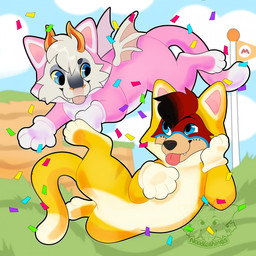blue_eyes cat_costume clothing confetti costume duo female feral flag fur male pink_body pink_fur red_body red_fur shuttleu tan_body tan_fur yellow_body yellow_fur noodlethings mario_bros mythology nintendo super_mario_3d_world tora_(noodlethings) canid canine dragon fox mammal mythological_creature mythological_scalie scalie hi_res