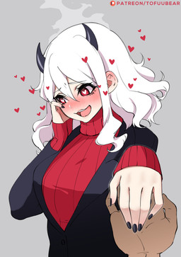 ambiguous_gender bashful black_clothing black_suit blush breasts clothed clothing duo embarrassed female first_person_view hair hand_holding happy heart_eyes heart_symbol horn not_furry red_clothing red_eyes red_sweater red_topwear simple_background solo_focus suit sweater topwear white_hair tofuubear helltaker modeus_(helltaker) demon demon_humanoid humanoid 2020