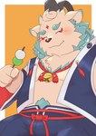 anthro bell bell_collar belly blush bulge collar dango_(food) eating fur male slightly_chubby solo white_body white_fur penguin0700 asian_mythology east_asian_mythology japanese_mythology lifewonders mythology tokyo_afterschool_summoners agyo_(tas) foo_dog komainu mammal yokai absurd_res hi_res