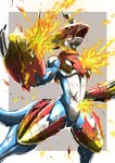 anthro armor blue_body broken_armor claws elemental_manipulation featureless_crotch fire fire_manipulation male roaring scar sharp_teeth solo teeth sutunununu bandai_namco digimon digimon_(species) flamedramon scalie hi_res