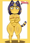 anthro areola big_breasts black_eyes blue_hair breasts brown_areola covering covering_breasts crossed_arms female frown genitals hair huge_breasts markings navel nude pussy solo striped_markings striped_tail stripes tail tail_markings thick_thighs yellow_body ribiruby animal_crossing nintendo ankha_(animal_crossing) domestic_cat felid feline felis mammal absurd_res hi_res