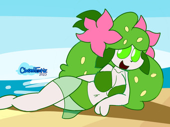 accessory anthro anthrofied beach big_breasts bikini bottomwear breasts cleavage clothed clothing female flower flower_(anatomy) flower_in_hair green_hair green_sclera hair hair_accessory head_flower looking_at_viewer lying navel on_side open_mouth outside plant pokemorph skirt smile smiling_at_viewer solo swimwear translucent translucent_bottomwear translucent_clothing translucent_skirt two-piece_swimsuit water white_body white_eyes unfortu-nate nintendo pokemon kebbell_(unfortu-nate) generation_4_pokemon land_forme_shaymin legendary_pokemon pokemon_(species) shaymin 2023 4:3 digital_media_(artwork) hi_res