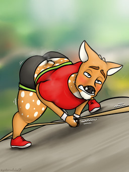 anthro ass_up blush bottomwear butt clenched_teeth clothed clothing footwear fur half-closed_eyes harness horn leaning leaning_forward male markings mountain mountain_climbing narrowed_eyes rope shirt shoes shorts solo spots spotted_body spotted_fur spread_legs spreading teeth topwear oystercatcher7 disney zootopia joey_(oystercatcher7) deer mammal 2026 hi_res signature