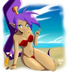 bandeau beach beverage bikini blue_eyes blush bracelet breasts cleavage clothed clothing cloud day detailed_background ear_piercing ear_ring eyelashes female fingers gesture hair hand_gesture humanoid_pointy_ears jewelry long_hair looking_at_viewer navel not_furry outside piercing pointy_ears ponytail purple_hair red_bikini red_clothing red_swimwear ring_piercing sea seaside sitting skimpy skimpy_bikini smile solo swimwear tan_body tan_skin tongue tongue_out topwear two-piece_swimsuit v_sign water danmakuman shantae_(series) wayforward shantae genie humanoid 2022 absurd_res artist_name dated digital_drawing_(artwork) digital_media_(artwork) hi_res watermark