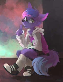 ambiguous_gender bottomwear clothing eyewear flat_chested footwear fur glasses green_eyes hair hoodie legwear looking_at_viewer multicolored_hair pink_hair purple_body purple_fur purple_hair shoes skirt socks solo topwear yassui maff canid canine mammal hi_res