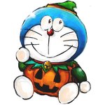 anthro bell blue_body blue_fur clothing collar costume food fruit fur holidays machine male mouth_closed plant pumpkin pumpkin_costume red_collar red_nose simple_background sitting smile solo whiskers white_background white_body white_fur mt_tg doraemon halloween doraemon_(character) domestic_cat felid feline felis mammal robot 1:1 2017 shaded