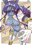 animal_ears areola big_breasts black_sclera blue_body blue_skin blush blush_lines border breasts clothed clothing eyebrows female front_view gloves grey_clothing grey_panties grey_underwear hair hair_over_eye handwear holding_object holding_weapon legwear long_hair navel nipples panties purple_areola purple_hair purple_nipples solo thick_eyebrows thick_thighs thigh_highs topless underwear weapon white_border white_clothing white_gloves white_handwear white_legwear white_thigh_highs wide_hips yellow_eyes chichibu3 wat_son_(artist) humanoid unknown_species character_request hi_res