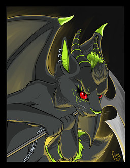 anthro black_sclera chain ear_piercing ear_ring facial_piercing female female_anthro fur glistening glistening_eyes green_inner_ear green_nose grey_body grey_ears grey_fur grey_horn grey_wings holding_melee_weapon holding_object holding_polearm holding_scythe holding_weapon horn logo melee_weapon membrane_(anatomy) membranous_wings mouth_closed multiple_piercings nose_piercing nose_ring nostril_ring nude piercing polearm red_eyes ring_piercing scythe simple_background solo striped_horn stripes weapon whiskers wings pandapaco felid mammal artist_logo signature