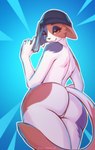 anthro blue_background butt butt_focus clothing ear_piercing ears_down female fur gun hat hat_only headgear headgear_only headwear headwear_only low-angle_view markings mostly_nude multicolored_body multicolored_fur narrowed_eyes piercing pivoted_ears pose ranged_weapon simple_background solo spots spotted_body spotted_fur weapon free-opium epic_games fortnite meow_skulls calico_cat domestic_cat felid feline felis mammal 2022 hi_res pinup