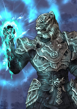 anthro armor blue_eyes male solo tomato_(artist) bethesda_game_studios microsoft the_elder_scrolls the_elder_scrolls_online zerith-var felid khajiit mammal pantherine tiger