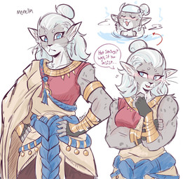 anthro bedroom_eyes biped blush braided_hair breasts clothed clothing female grey_body hair hand_on_hip hot_spring narrowed_eyes seductive spots water white_hair beezii capcom dragon's_dogma menella_(dragon's_dogma) beastren felid feline mammal hi_res