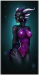 anthro bioluminescence biped black_body black_scales border breasts eyelashes female genitals glowing green_eyes green_pussy green_tongue hands_behind_back horn looking_at_viewer nipples non-mammal_breasts nude purple_body purple_nipples purple_scales pussy scales simple_background solo standing tongue tongue_out white_border cynder-dragon-spyro minerea mythology feuriah dragon kuros mythological_creature mythological_scalie scalie 2014 hi_res