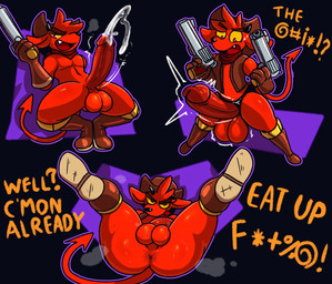 anthro anus balls bodily_fluids boots clothing cowboy_boots cowboy_hat cum erection footwear fur genital_fluids genitals gun handgun hat headgear headwear horn male penis pistol presenting presenting_anus ranged_weapon red_body red_fur shoes solo spread_legs spreading text weapon kayohplums kings_of_hell gremile_'hotshot' demon imp english_text hi_res