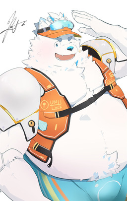 anthro belly bulge clothing fur hat headgear headwear life_jacket male one_eye_closed overweight solo speedo swimwear topwear vest visor_cap white_body white_fur wink kt0414143919 lifewonders live_a_hero yohack canid canine canis domestic_dog mammal hi_res