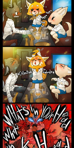 alcohol angry anthro beverage blush clothed clothing drunk duo female male open_mouth screaming singing smile substance_intoxication text poisondynamite aggretsuko sanrio fenneko haida_(aggretsuko) retsuko ailurid canid canine fennec_fox fox hyena mammal red_panda spotted_hyena true_fox absurd_res english_text hi_res
