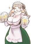 2023 alcohol anthro apron beer beer_mug beverage big_breasts biped blonde_hair bovid breasts caprine cleavage clothed clothing curved_horn domestic_sheep dress female floppy_ears frilly frilly_clothing frilly_dress fur green_clothing green_dress hair heart_symbol hi_res horn kemono mammal narrowed_eyes neck_tuft open_mouth open_smile setouchi_kurage sheep simple_background smile solo tuft white_background white_body white_fur
