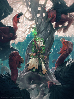 anthro armor beak boots clothing druid feathered_wings feathers female footwear gloves green_eyes green_hair group hair handwear holding_object holding_weapon humanoid_pointy_ears looking_at_viewer magic magic_user male plant pointy_ears quiver_(object) red_eyes shoes short smoke standing tree tribal_spellcaster weapon wings alex_alexandrov dungeons_and_dragons hasbro paizo pathfinder wizards_of_the_coast avian gnome humanoid kenku 3:4 official_art