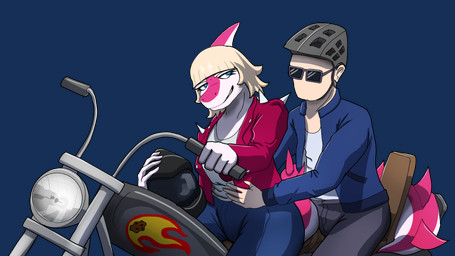 anthro armor biped blonde_hair blue_clothing blue_eyes blue_jacket blue_topwear bone_frill bottomwear breasts clothed clothed_anthro clothed_female clothed_human clothed_male clothing denim denim_bottomwear denim_clothing duo eyewear female fingers frill_(anatomy) grey_bottomwear grey_clothing grey_pants hair half-closed_eyes hand_on_belly head_turned headgear helmet holding_armor holding_headgear holding_helmet holding_object human_on_anthro humanoid_hands interspecies jacket jeans long_tail looking_at_another looking_back male male/female medium_hair motorcycle motorcycle_helmet narrowed_eyes non-mammal_breasts open_clothing open_jacket open_topwear pants pink_body red_clothing red_jacket red_topwear shirt simple_background sitting smile smirk spiked_tail spikes spikes_(anatomy) sunglasses tail topwear transparent_background vehicle white_body white_clothing white_shirt white_topwear sebek_fereh_ra cavemanon_studios i_wani_hug_that_gator inco_(iwhtg) mia_moretti dinosaur hadrosaurid human mammal ornithischian ornithopod parasaurolophus prehistoric_species reptile scalie 16:9 alpha_channel colored hi_res shaded widescreen