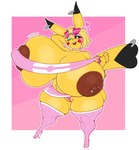 anthro big_breasts blonde_hair bottomwear breasts brown_nipples clothing eyewear female glasses hair heart_symbol huge_breasts hyper hyper_breasts legwear nipple_piercing nipples piercing skirt solo stockings thong topwear underwear yellow_body gomibin_art nintendo pokemon rai_(nikuzi) generation_1_pokemon pikachu pokemon_(species) hi_res