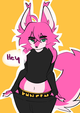 anthro clothing clothing_around_legs clothing_pull dialogue eyebrows fur hair male multicolored_body multicolored_fur navel pink_body pink_fur pink_hair simple_background solo speech_bubble standing tail visible_underwear yellow_background kunfen canid canine fox mammal 2026 hi_res