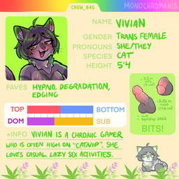 ahoge anthro balls blush circumcised erection flaccid fur genitals grey_body grey_fur gynomorph hair information intersex looking_at_viewer neck_tuft penis smile solo text tuft whiskers monochromanis vivian_the_cat domestic_cat felid feline felis mammal english_text handwritten_text hi_res model_sheet portrait