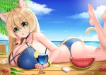 big_breasts bikini blonde_hair breasts cleavage clothed clothing female food fruit green_eyes hair huge_breasts lying melon on_front plant solo swimwear two-piece_swimsuit watermelon kaedeno_yuu reimu_(kaedeno_yuu) animal_humanoid cat_humanoid felid felid_humanoid feline feline_humanoid humanoid mammal mammal_humanoid absurd_res hi_res