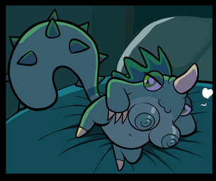 1_horn 1_toe 3_fingers anthro breasts claws female fingers front_view green_body green_eyes green_hair green_nipples hair hand_behind_head horn looking_away night nipples pose pupils short_stack smile solo spiked_tail spikes spikes_(anatomy) tail tan_claws tan_horn toe_claws blackmore comedy_central drawn_together hoochie_(drawn_together) battle_monster monster absurd_res hi_res