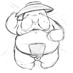 anthro asian_clothing balls belly big_belly blush bodily_fluids clothing east_asian_clothing flaccid fundoshi fupa genitals hat headgear headwear japanese_clothing kemono lying male moobs nipples overweight overweight_male penis simple_background small_penis solo sweat underwear white_background 96panda ghibli spirited_away radish_spirit 1:1 2021 hi_res monochrome sketch