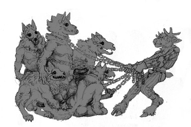 animal_genitalia animal_penis anthro armor balls canine_genitalia canine_penis chain clothed clothing genitals group male nude outnumbered partially_clothed penis sheath momamo cervine deer elk mammal skulldog_(species) 2025 3:2 hi_res monochrome sketch traditional_media_(artwork)