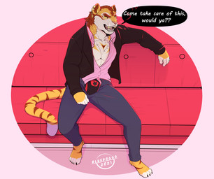 anthro bulge clothed clothing cross cross_ear_piercing cross_ear_ring cross_piercing ear_piercing ear_ring flirting gold_(metal) gold_jewelry gold_tooth jewelry male open_clothing open_topwear paws piercing ring_piercing sitting solo speech_bubble topwear terryskaii felid mammal pantherine tiger absurd_res hi_res