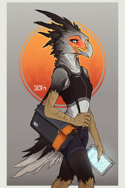 5_fingers anthro avian_arms beak biped black_body black_feathers blue_eyes clothed clothing electronics eyelashes feathers female fingers flat_chested fur grey_beak grey_body grey_fur midriff scuted_arms scuted_hands scuted_legs scutes simple_background solo standing tablet tablet_computer white_body white_feathers sunkenshrines scidragon pharak_(scidragon) accipitriform avian bird secretary_bird 2:3