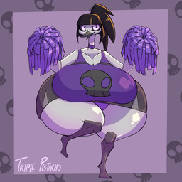 anthro big_breasts black_hair black_sclera bottom_heavy breasts cheerleader curvy_figure feathers female hair huge_breasts huge_hips huge_thighs hyper hyper_breasts hyper_hips hyper_thighs pose purple_eyes solo thick_thighs white_body white_feathers wide_hips plaga antioca_(plaga) anatid anseriform anserine avian bird goose 1:1 2025 digital_media_(artwork) hi_res pinup