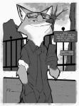 2018 absurd_res anthro canid canine cellphone clothed clothing dialogue digital_media_(artwork) disney electronics english_text eyewear fox gloves_(marking) greyscale hand_in_pocket hi_res holding_object holding_phone male mammal markings monochrome necktie nick_wilde outside phone plant pockets red_fox smile solo sunglasses text thewyvernsweaver tree true_fox zootopia