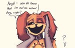 anthro collar disembodied_hand male one_eye_closed petting question_mark simple_background solo_focus text saintforan mob_entertainment poppy_playtime smiling_critters dogday_(poppy_playtime) canid canine canis critters_(poppy_playtime) domestic_dog mammal 2024 english_text