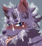 absurd_res anthro bathym_(tas) blue_eyes blush bodily_fluids canid canine canis demon fur genital_fluids hi_res horn lifewonders looking_at_viewer male mammal nako purple_body purple_fur solo tokyo_afterschool_summoners tongue tongue_out wolf