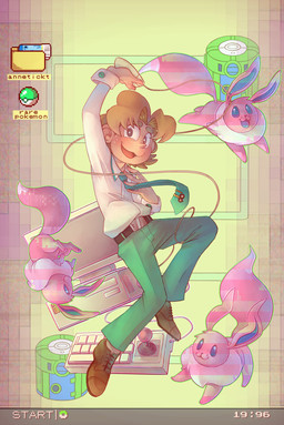ambiguous_gender belt blush bottomwear brown_body brown_hair clothing computer electronics feral floating footwear group gui hair male open_mouth pants pawpads shirt shoes smile topwear sony-shock nintendo pokemon bill_(pokemon) eevee generation_1_pokemon human mammal pokemon_(species) 2017 hi_res
