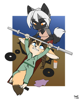 anthro athletic_wear barbell barefoot bench_press black_body black_fur blue_eyes bottle bottomwear braided_hair breasts brown_hair cheek_tuft chest_tuft chibi cleavage clenched_teeth clothed clothing container digitigrade dipstick_tail duo ear_piercing exercise facial_tuft fangs feet female fur green_bottomwear green_clothing green_pants green_sweater green_topwear grey_body grey_fur hair inner_ear_fluff lying markings on_back open_mouth orange_eyes pants piercing pink_clothing pink_shirt pink_tank_top pink_topwear red_bottomwear red_clothing red_shorts shirt short_hair shorts simple_background spotting standing sweater tail tail_markings tan_body tan_fur tank_top teeth topwear towel tuft white_hair foxboy83 tootaloo vixen_logic silver_(vixen_logic) zerda_(vixen_logic) canid canine fennec_fox fox mammal red_fox silver_fox true_fox 4:5 colored digital_media_(artwork) flat_colors hi_res
