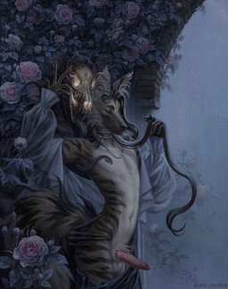 animal_genitalia anthro balls black_body black_fur black_hair black_nose bodily_fluids bottomwear bottomwear_down brown_body brown_fur butt canine_genitalia claws clothed clothing duo erection eyes_closed fantasy finger_claws flower fluffy fluffy_tail fur genital_fluids genitals hair long_hair long_tongue male male/male nipples open_clothing open_shirt open_topwear pants pants_down partially_clothed penis plant precum rose_(flower) shirt slim slim_anthro slim_male striped_body striped_fur stripes tail tongue topwear undressing gravewarden canid canine demon mammal maned_wolf hi_res
