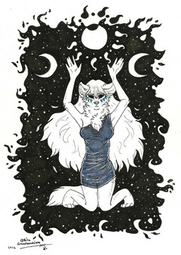 abstract_art anthro biped breasts female moon simple_background solo star sun tail white_background grostenmeiers canid canine mammal hi_res