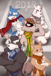 abs anthro biceps blue_body blue_fur clothing fur group hat headgear headwear male multicolored_body multicolored_fur muscular muscular_male pecs scarf cotton_(artist) hero_dekirumon tooboe_bookmark andrew_saitou natsume_(tooboe_bookmark) nitobe canid canine canis domestic_dog mammal wolf 2018