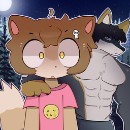 anthro chibi duo feral forest_background kemono light male male/male moon moonlight muscular muscular_male night push.prinz scared_eyes denks canid canine felid feline fox mammal absurd_res hi_res