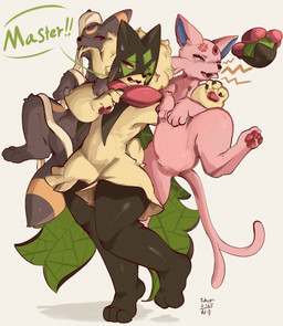 ambiguous_anthro ambiguous_feral ambiguous_gender anthro black_body black_fur black_tail bodily_fluids dialogue feral fur master pink_body pink_fur pink_tail pokemorph speech_bubble sweat sweatdrop tail text conditional_dnp tohupo nintendo pokemon eeveelution espeon generation_2_pokemon generation_9_pokemon meowscarada pokemon_(species) umbreon 2025 absurd_res digital_drawing_(artwork) digital_media_(artwork) english_text hi_res