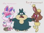 2017 alternate_species ambiguous_gender anthro blue_eyes buneary cartoon_network chowder chowder_(series) crossover eeveelution female fur generation_4_pokemon generation_6_pokemon green_body green_fur grey_background group hi_res itoruna lagomorph mammal munchlax nintendo open_mouth panini_(chowder) pokemon pokemon_(species) red_eyes simple_background square_crossover sylveon