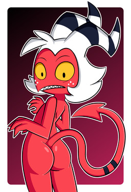 bubble_butt butt freckled_face freckles hair horn looking_at_viewer looking_back looking_back_at_viewer male nude rear_view red_body solo spade_tail tail white_hair dreameclipsewolf hellaverse helluva_boss moxxie_(helluva_boss) demon imp absurd_res digital_media_(artwork) hi_res